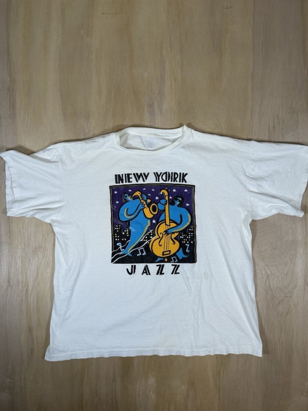 Vintage 90s New York Jazz T-shirt Pop Art Funk NYC Size XL White Single Stitch